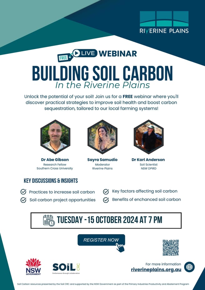 Building soil carbon in the Riverine Plains Webinar flyer, Oct 2024